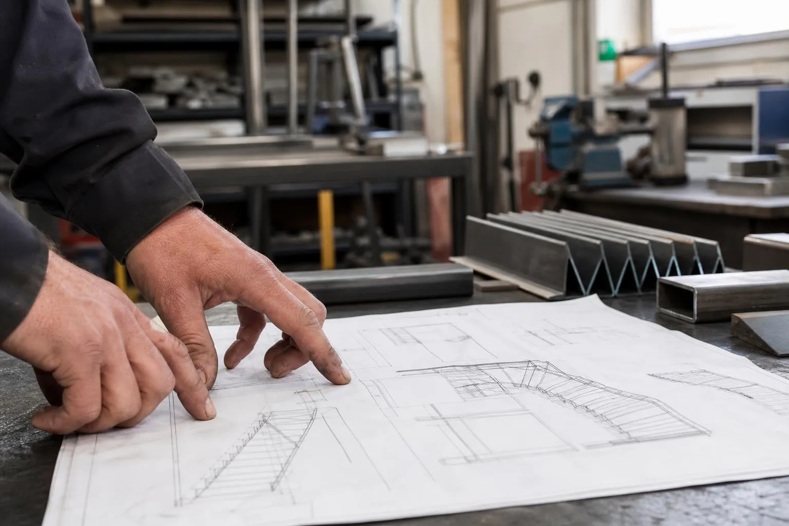 Mains d'un concepteur examinant des plans architecturaux dans un atelier.