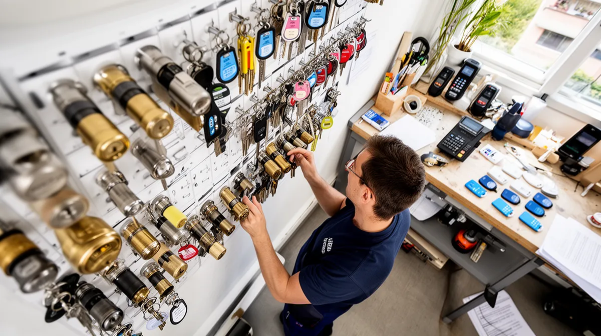 Atelier de serrurier avec de nombreuses clés et outils organisés sur le mur.