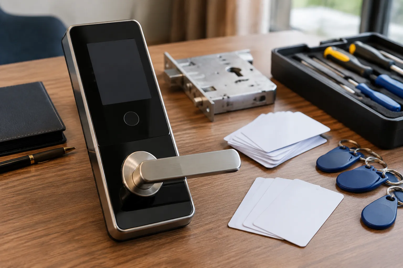 Serrure électronique noire, cartes RFID et outils sur table.