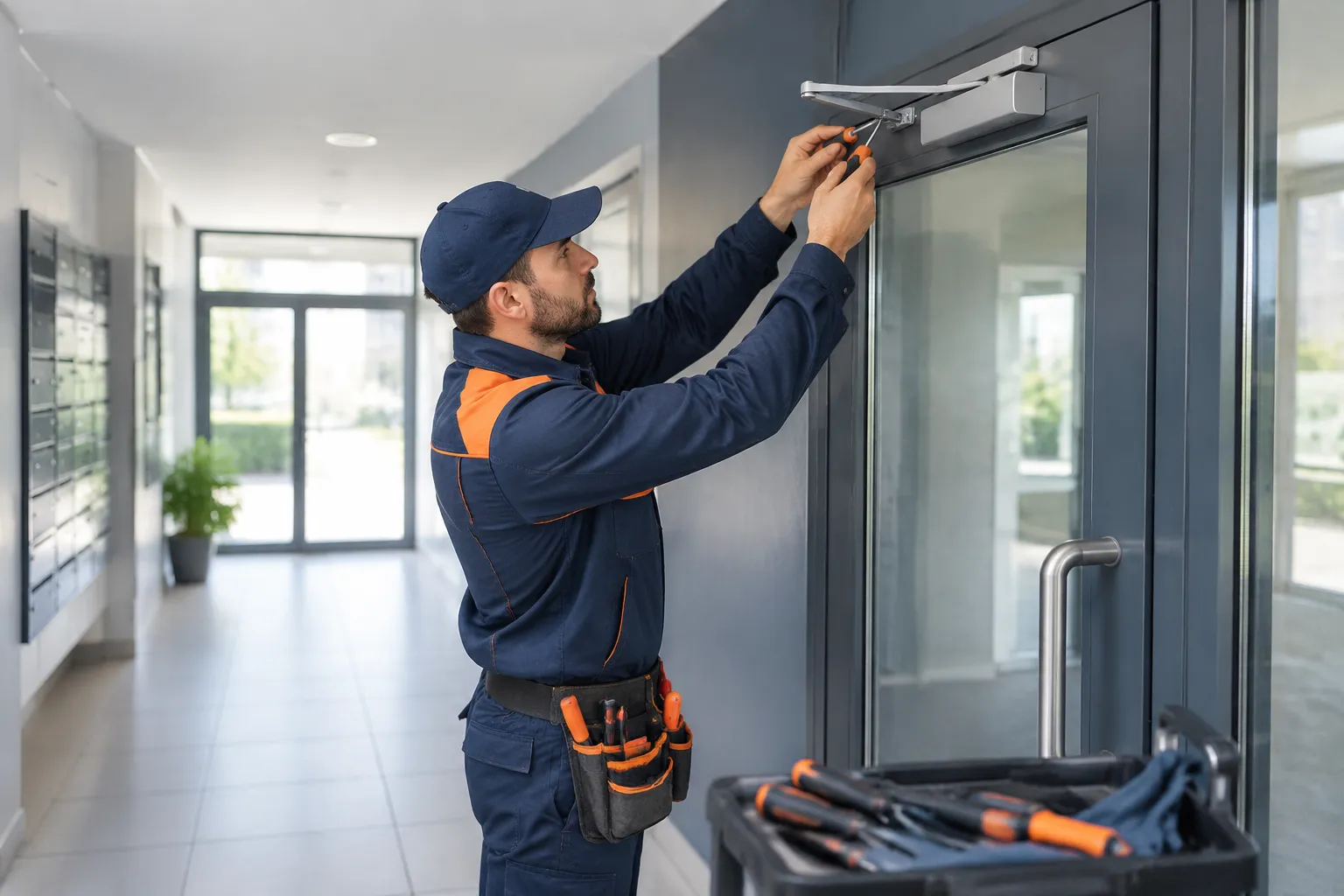 Technicien installant un ferme-porte sur une porte vitrée.