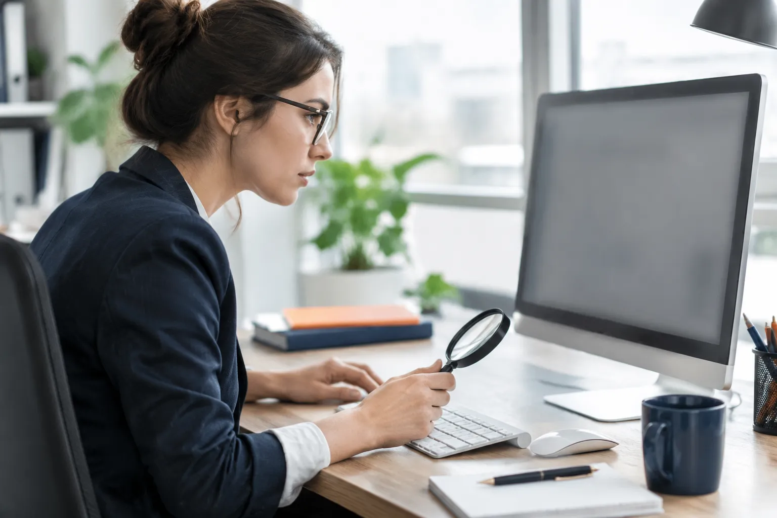 Femme d’affaires examinant un document avec une loupe au bureau