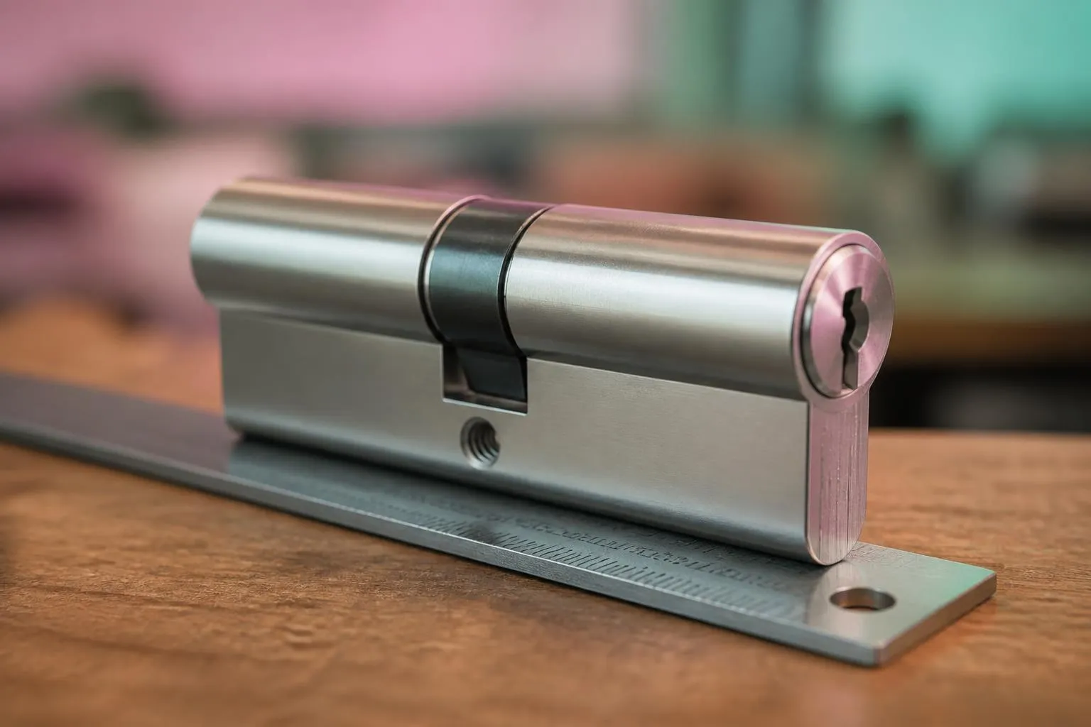 Cylindre métallique verrouillable avec règle de mesure sur surface en bois.