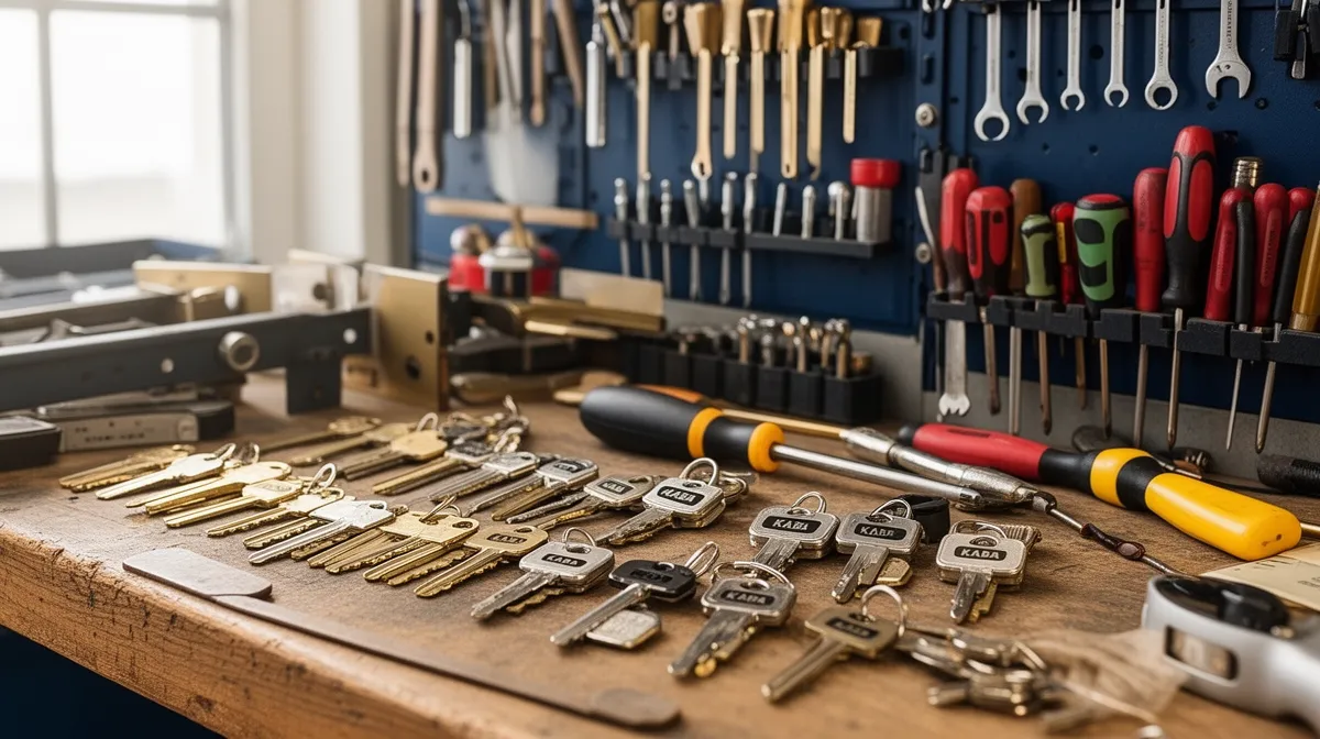 Outils et clés de serrage variés sur un établi de garage.