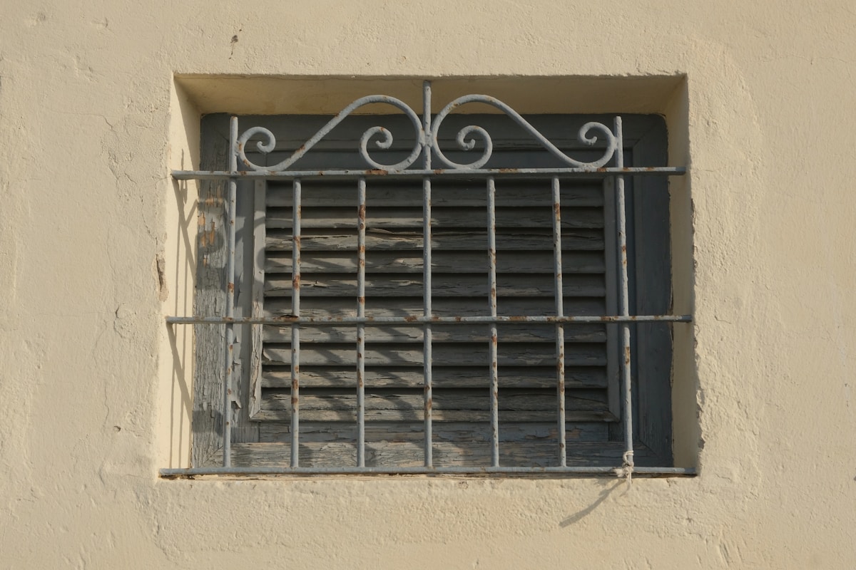 Fenêtre grillée avec motifs décoratifs en métal.