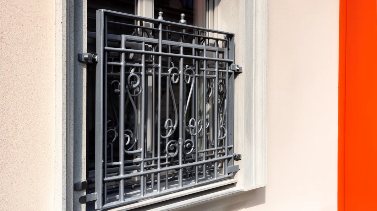 Fenêtre avec grille de sécurité en métal noir ornementée.