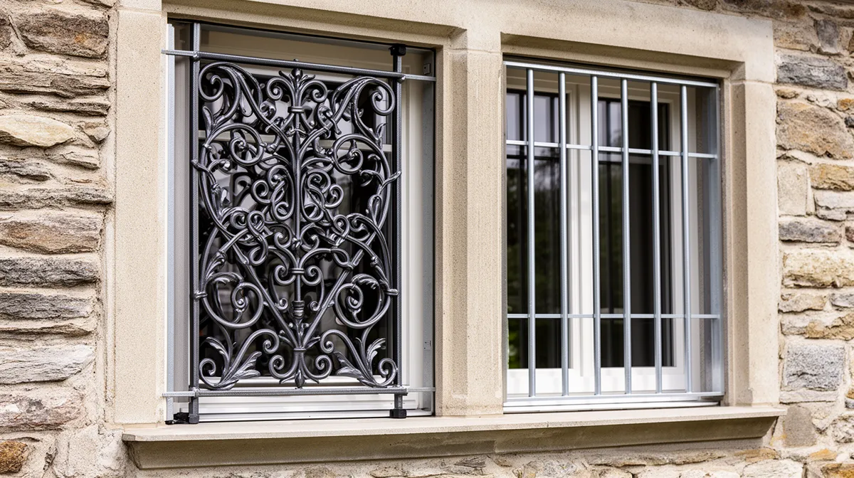 Fenêtre ornée de grilles en fer forgé sur un mur de pierre.
