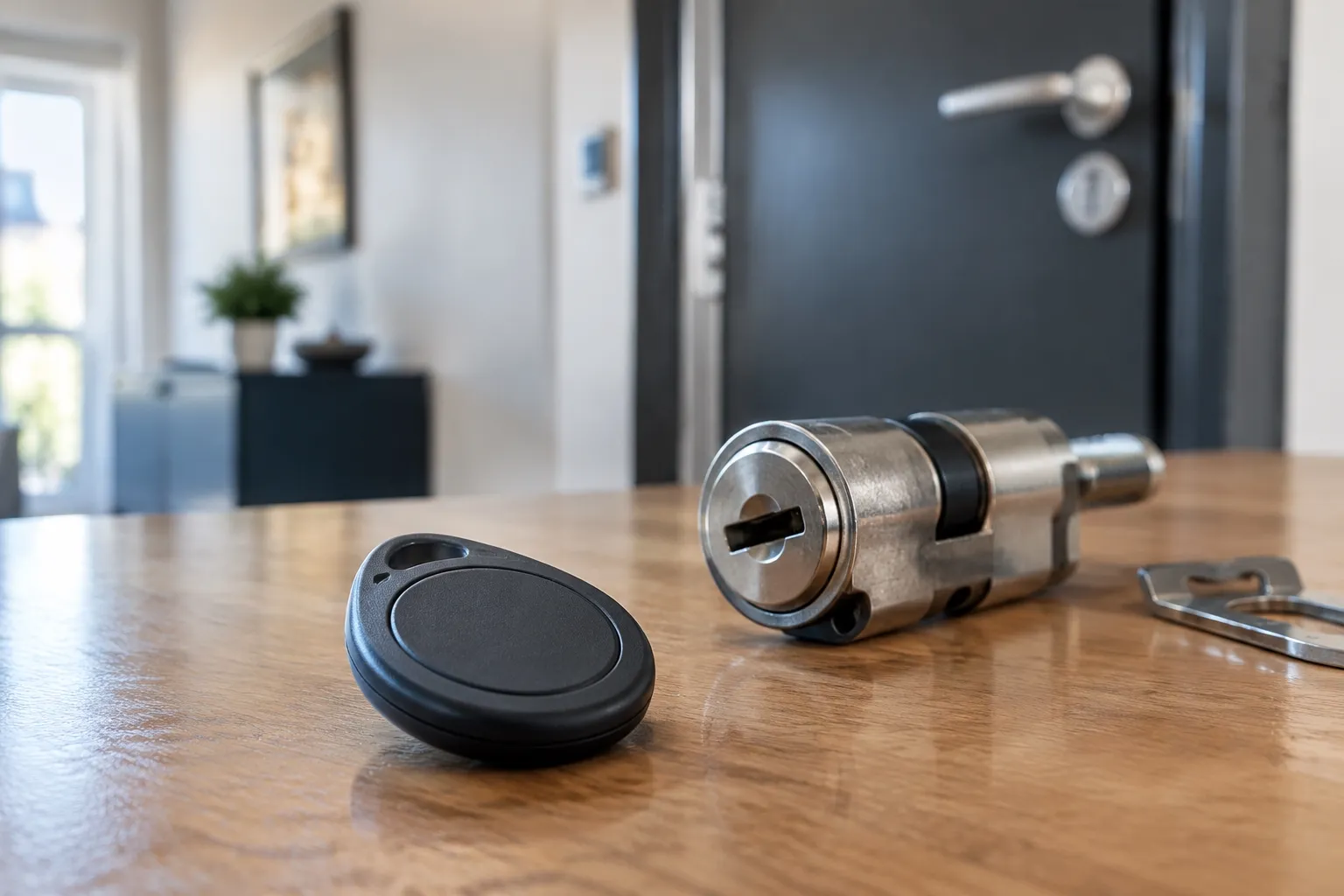 Cylindre de serrure électronique et porte-clés noir sur table en bois
