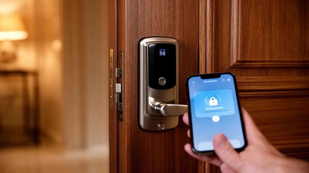 Serrure de porte intelligente avec application mobile de déverrouillage.