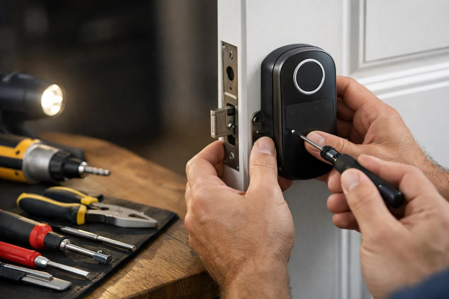 Installateur de serrure électronique sur porte blanche.
