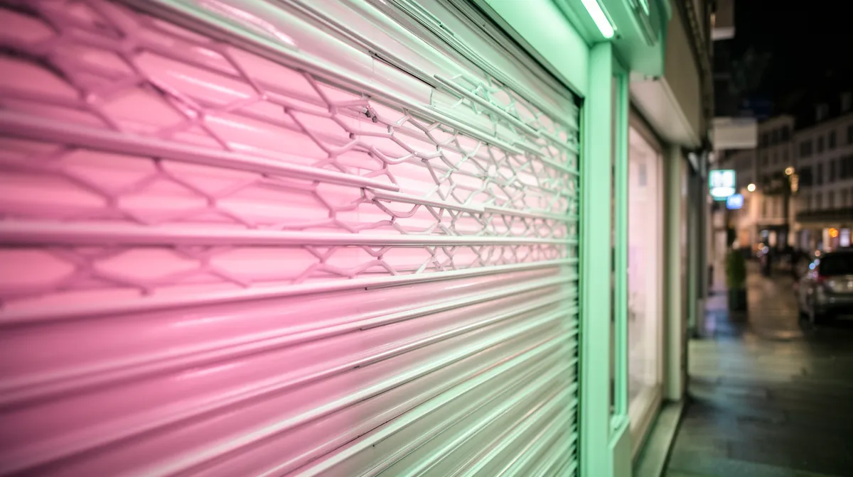 Rideau de sécurité rose et vert dans une ruelle urbaine.