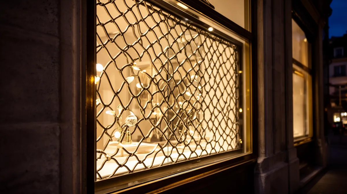Fenêtre illuminée avec motif de grille dorée.
