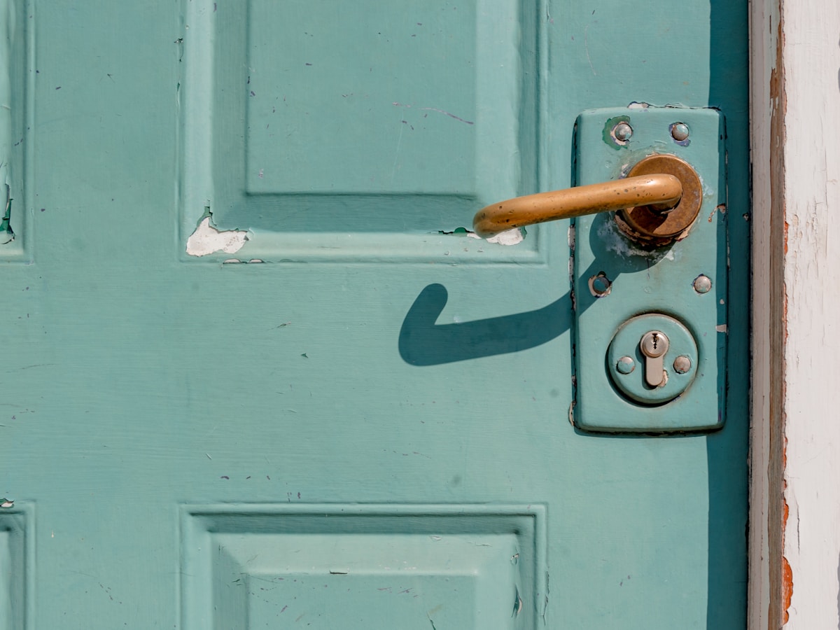 Porte en bois vintage vert menthe avec poignée en bois.