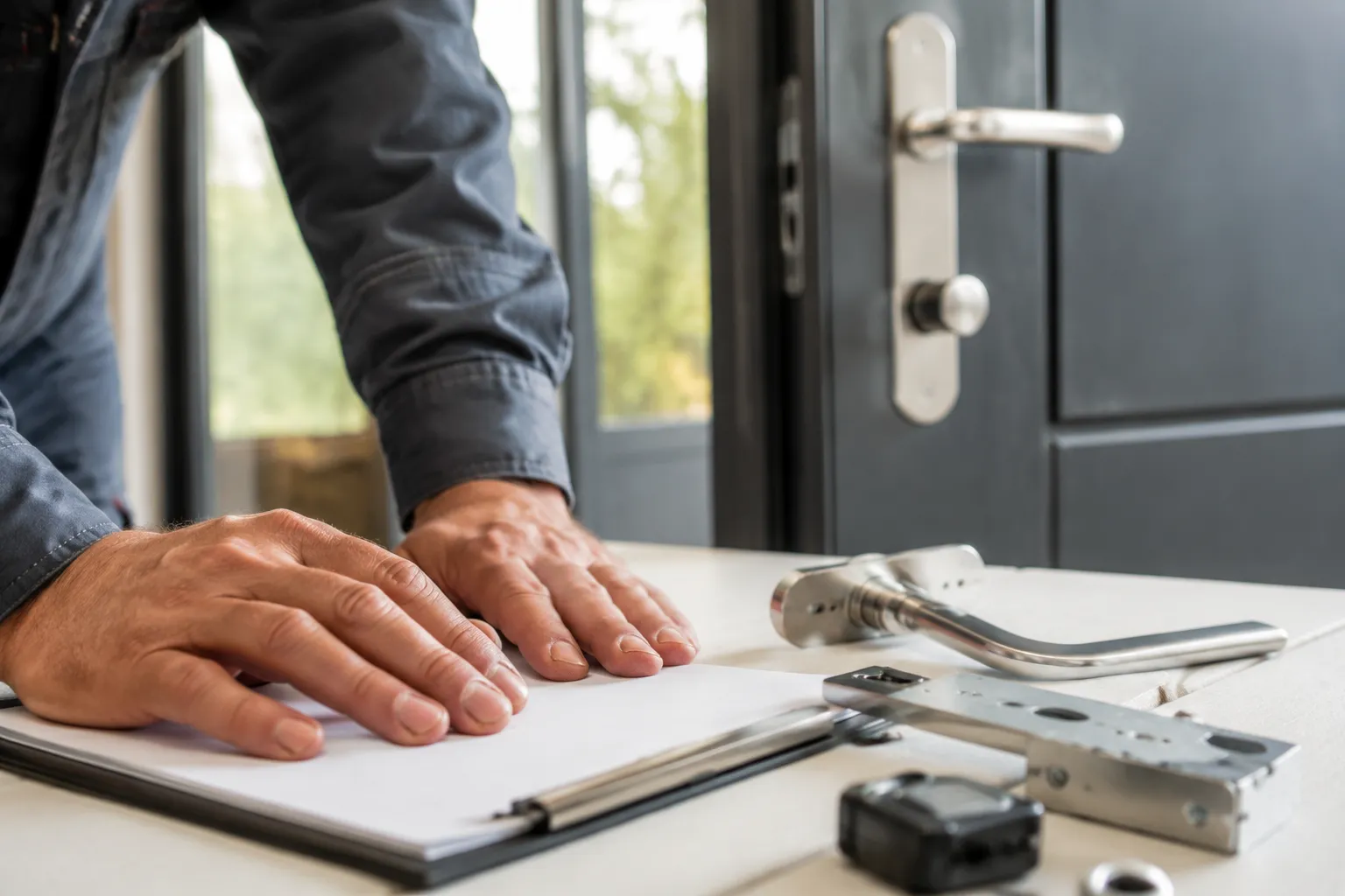 Mains masculines sur un document avec des outils de réparation.