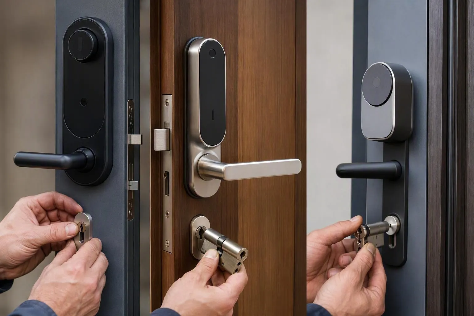 Trois serrures de porte intelligentes avec cylindres manipulés manuellement