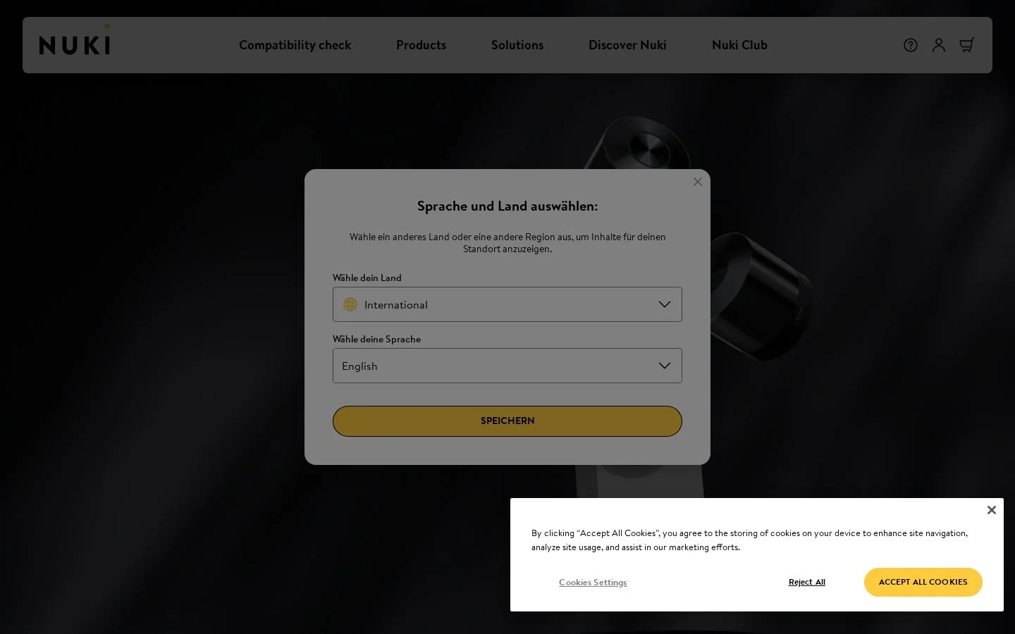 Fenêtre Nuki de sélection de langue et région avec consentement cookies