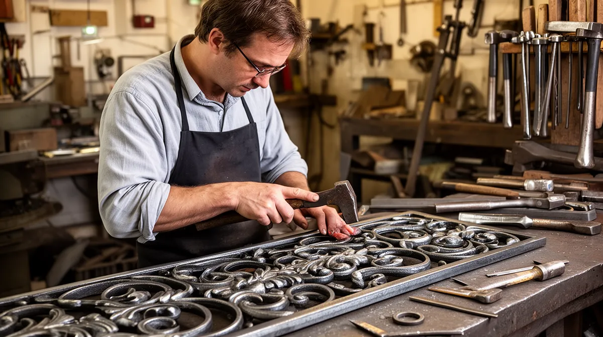 Artisan travaillant avec soin sur un ornement métallique ouvragé.