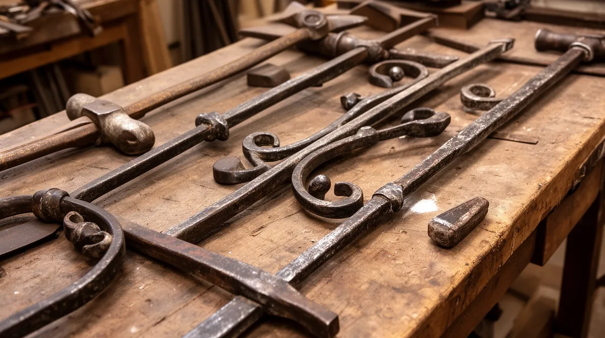 Outils de travail en métal rouillés et usagés sur un établi en bois.