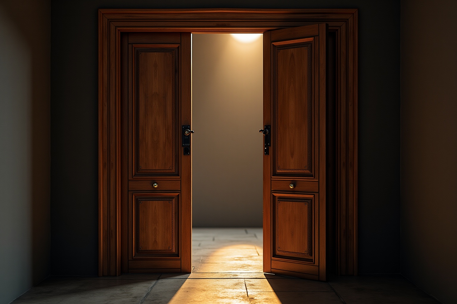 Portes en bois sombre, ouvertes sur une pièce éclairée.