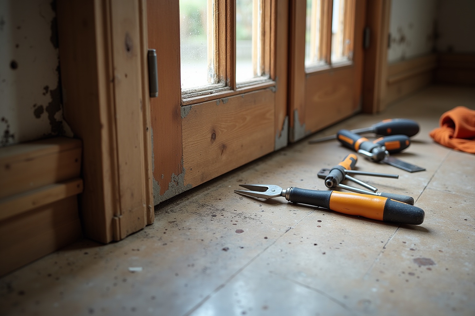 Outils de rénovation éparpillés sur le sol d'une pièce en travaux.