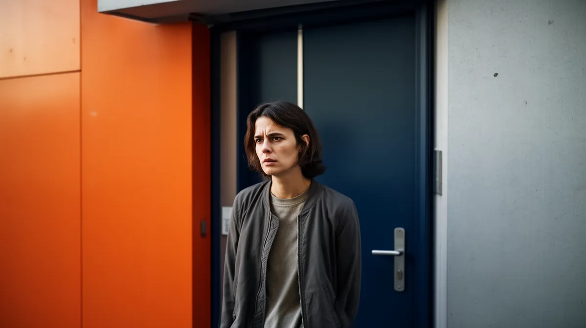 Femme aux cheveux sombres, expression pensive, devant une porte.