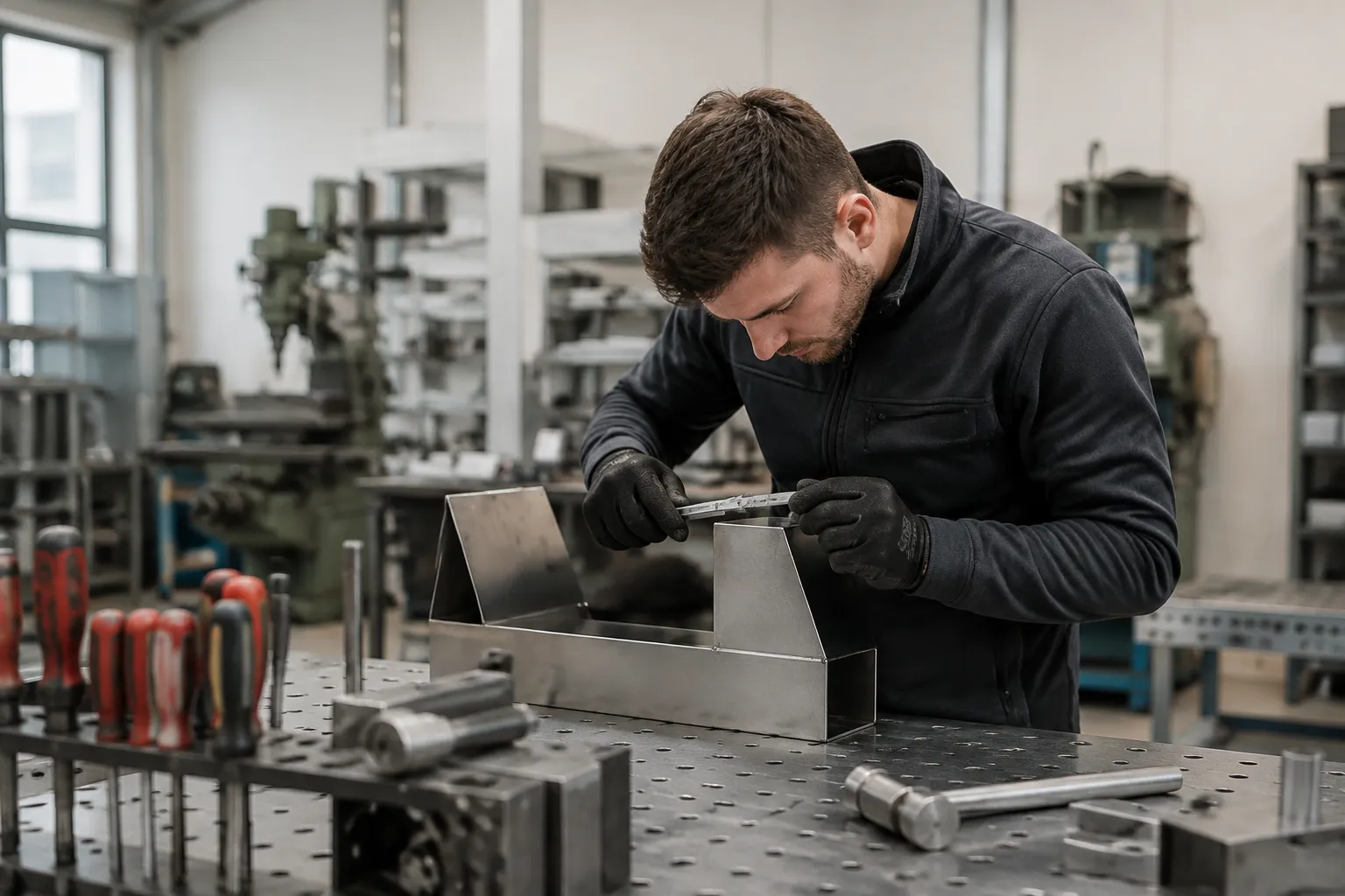 Homme travaillant sur un projet dans un atelier industriel.