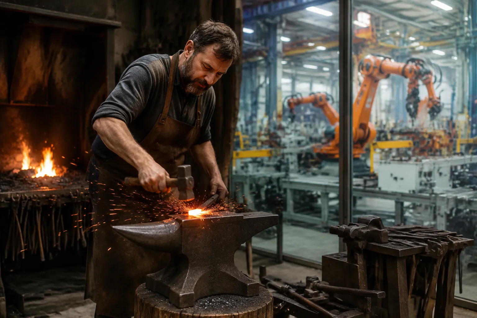 Forgeron travaillant le métal sur une enclume dans un atelier industriel.