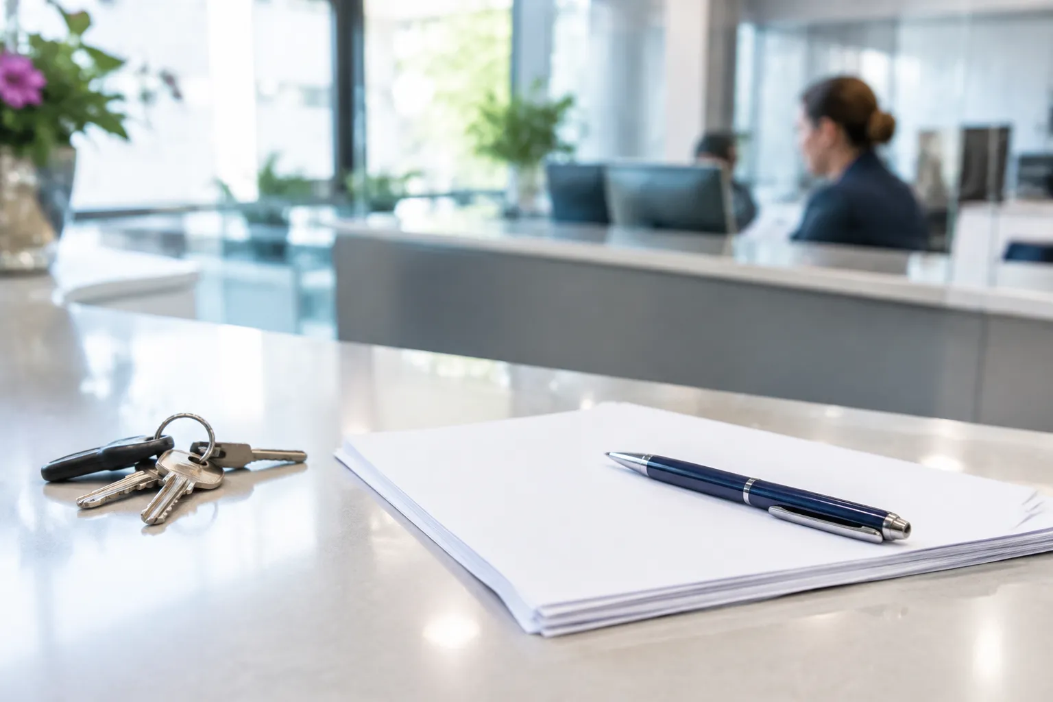 Clés et stylo sur documents, comptoir d’accueil immobilier en arrière-plan