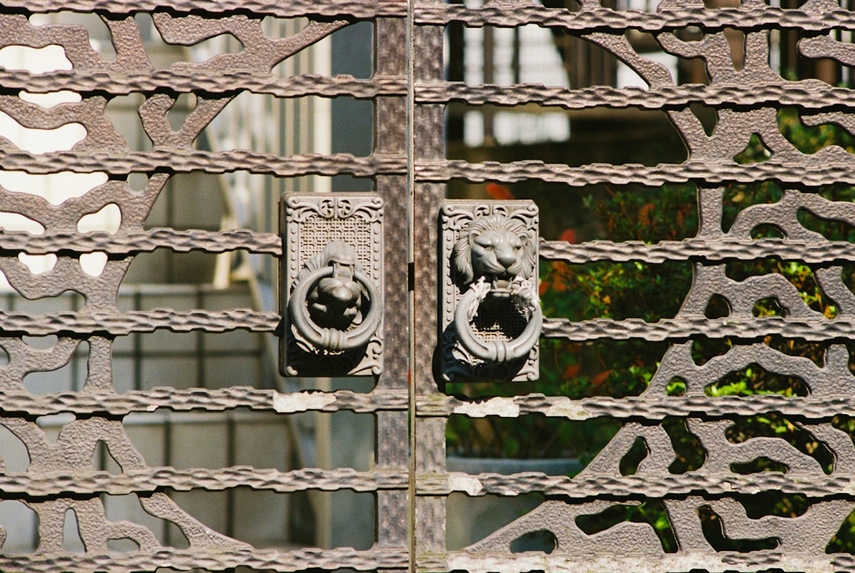 Grille métallique ornée de motifs décoratifs et de têtes de lion.