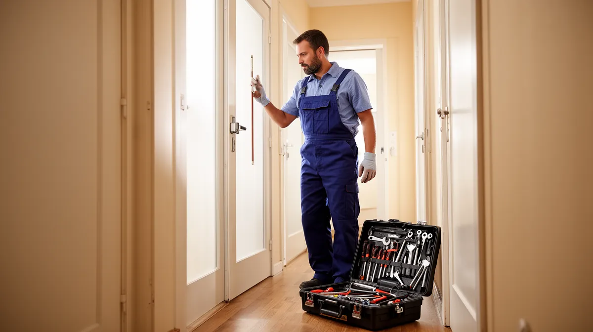 Homme en combinaison de travail avec une boîte à outils dans un couloir.