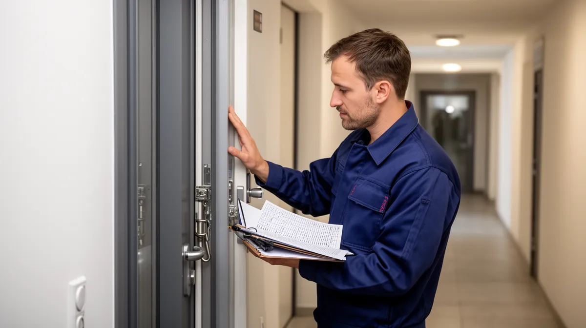 Un homme en uniforme bleu inspecte une porte dans un couloir.