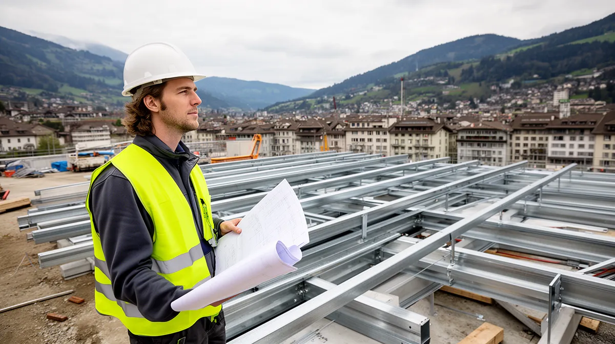 Construction métallique sur mesure à Lausanne, ouvrier sur chantier avec structure métallique en arrière-plan.