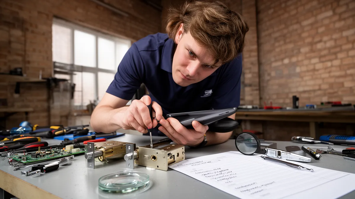 "Serrure connectée smartphone avis - Expert vérifiant une serrure connectée sur un établi dans un atelier"