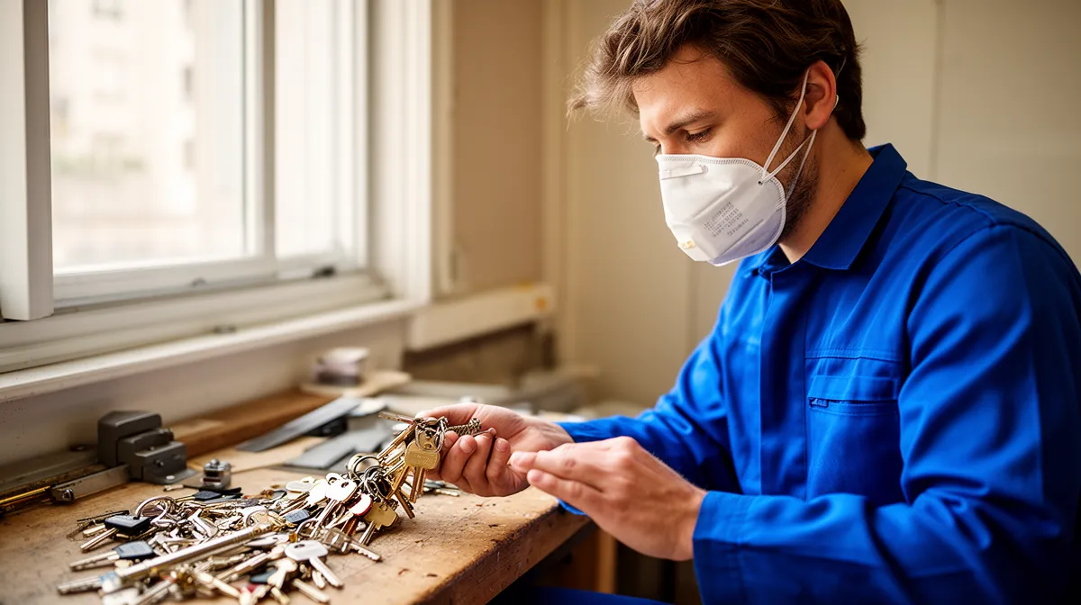 Serrurier en train de vérifier les clés d'un immeuble résidentiel pour un contrat de maintenance en serrurerie pour la géranc