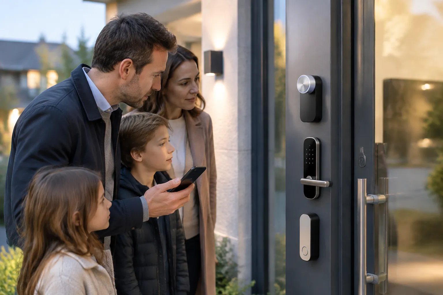 Comparatif Nuki, Yale et Somfy sur une porte d’entrée moderne, ambiance chaleureuse et authentique.