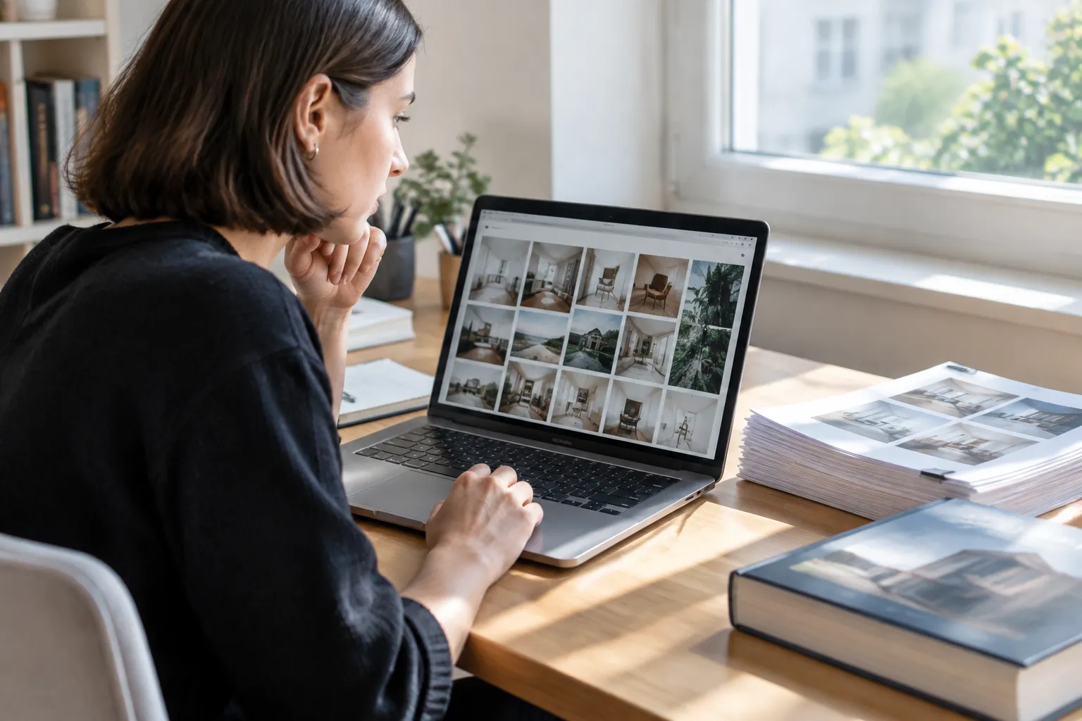 Étudiante examine un site de banque d’images 2026 tout en consulté des fiches de droits d’usage.