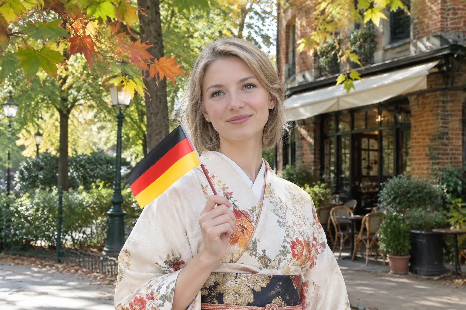 Femme en kimono tient le drapeau Schriewer dans un parc parisien verdoyant.