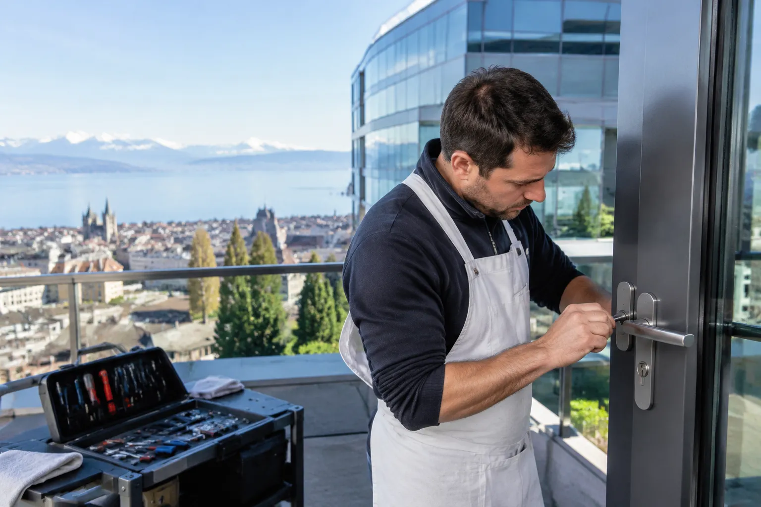 Serrurier artisanal travaillant sur porte métallique à Lausanne, contrasté par un immeuble corporatif en arrière‑plan.