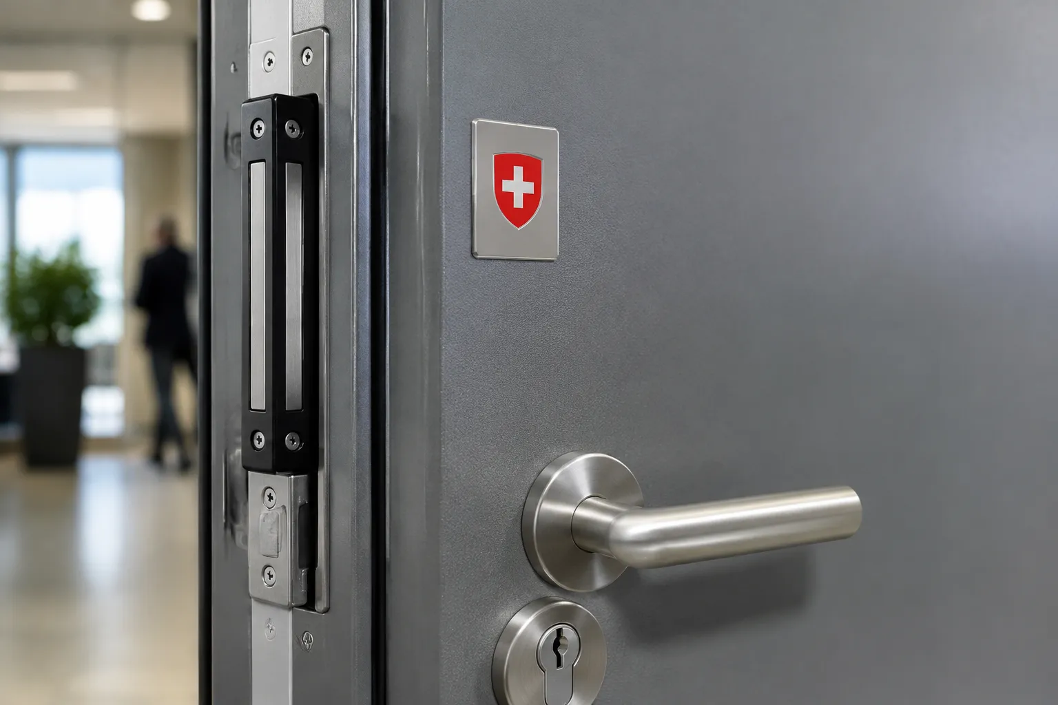 Photo d'un volet de porte d'immeuble suisse certifié sécurité, vue rapprochée du dispositif de verrouillage.