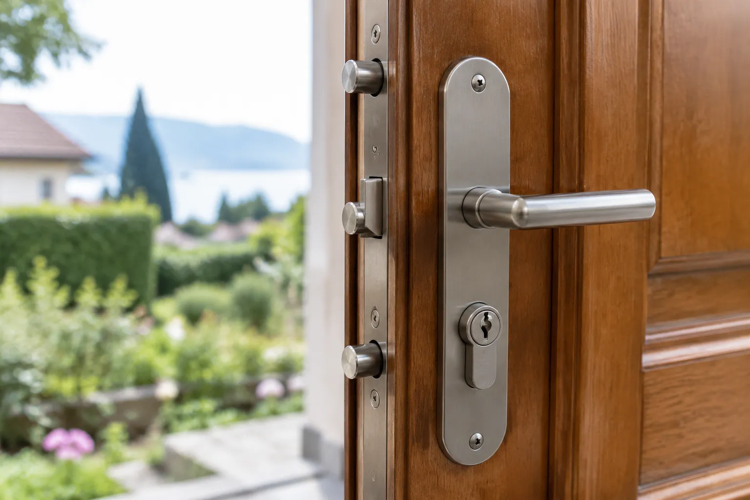 Serrure à trois points installée sur porte d’entrée à Lausanne, détail métallique et bois.
