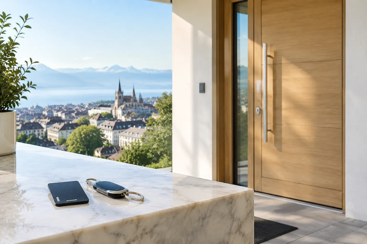 Porte moderne à Lausanne avec badge A2P et clé connectée Bluetooth côte à côte.