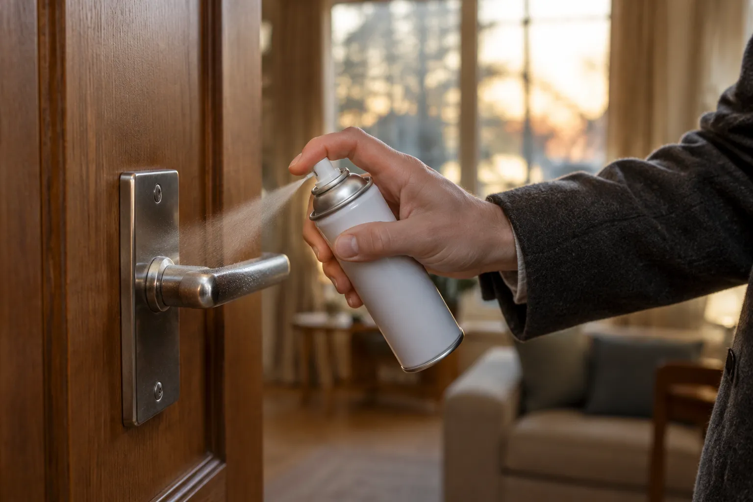 Main appliquant du spray anti-gel sur la poignée d’une porte en bois.