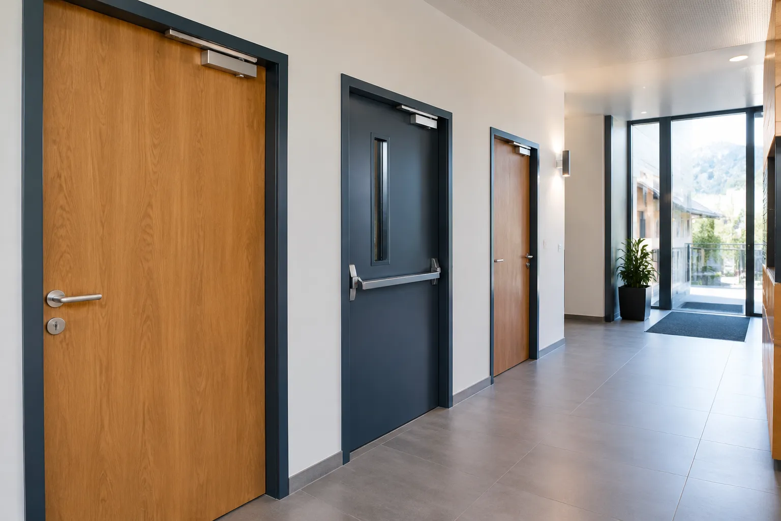 Couloir moderne avec portes en bois et sortie vitrée
