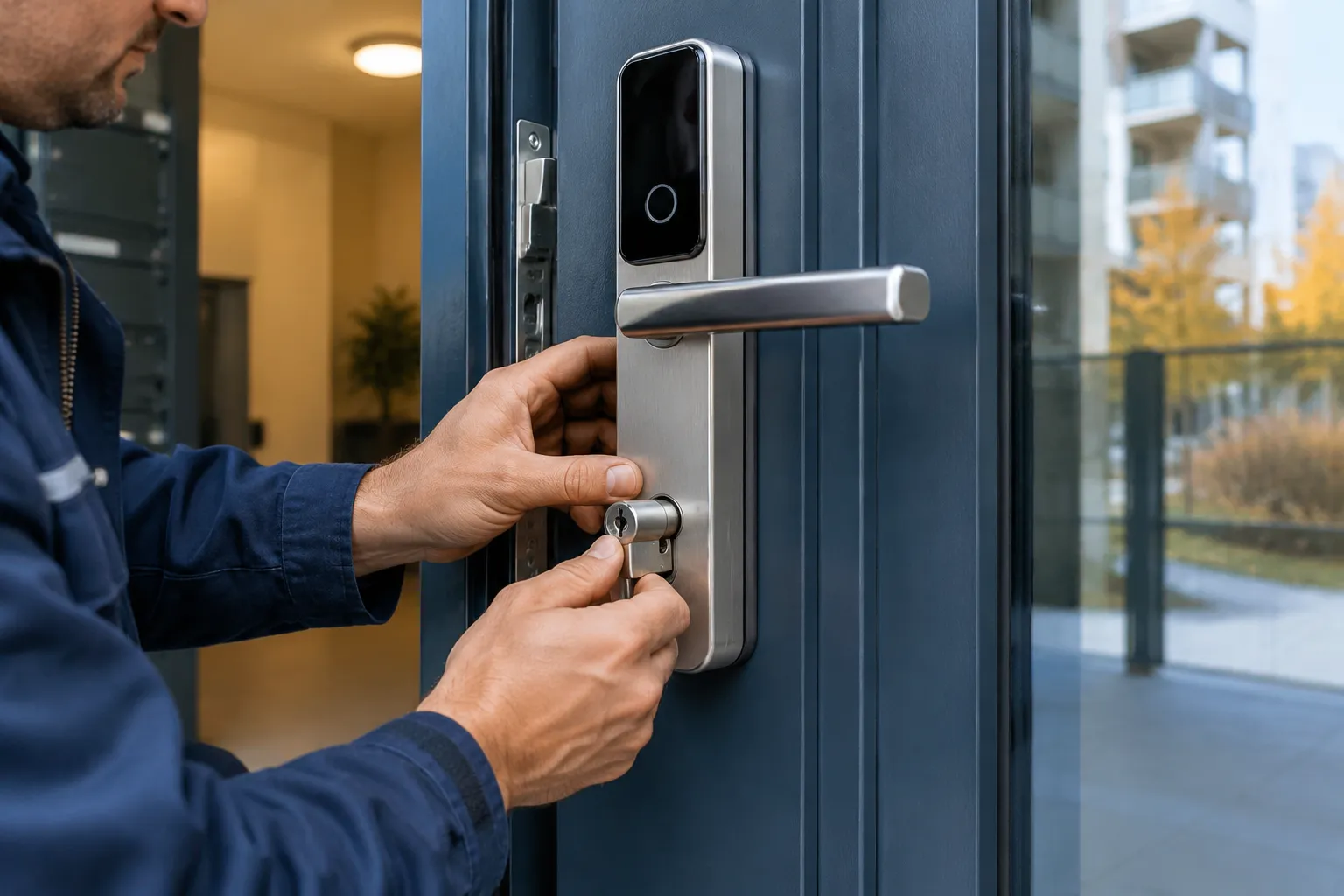 Technicien installe une serrure connectée sur une porte bleue