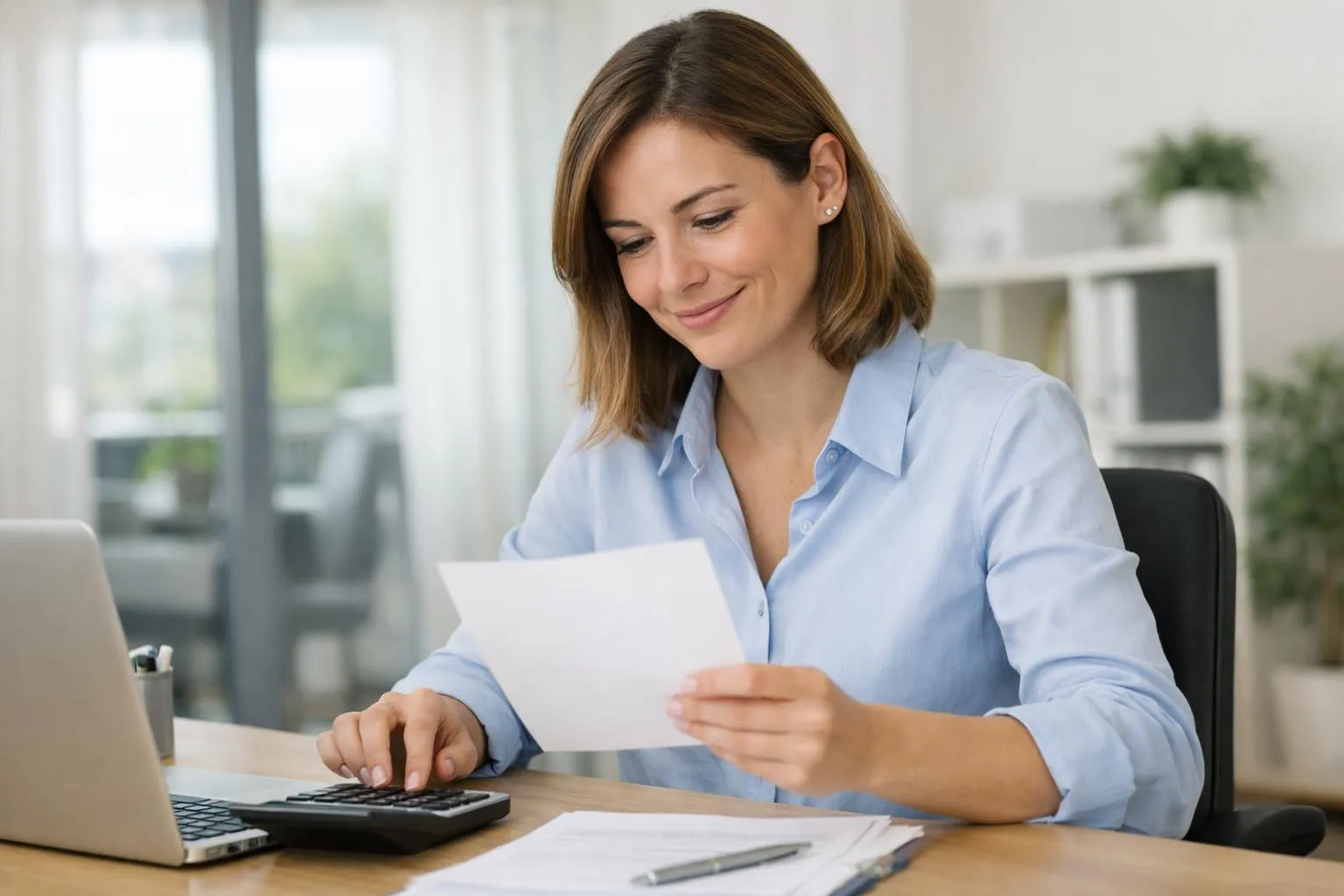 Femme d'affaires travaillant sur son ordinateur portable et ses documents.