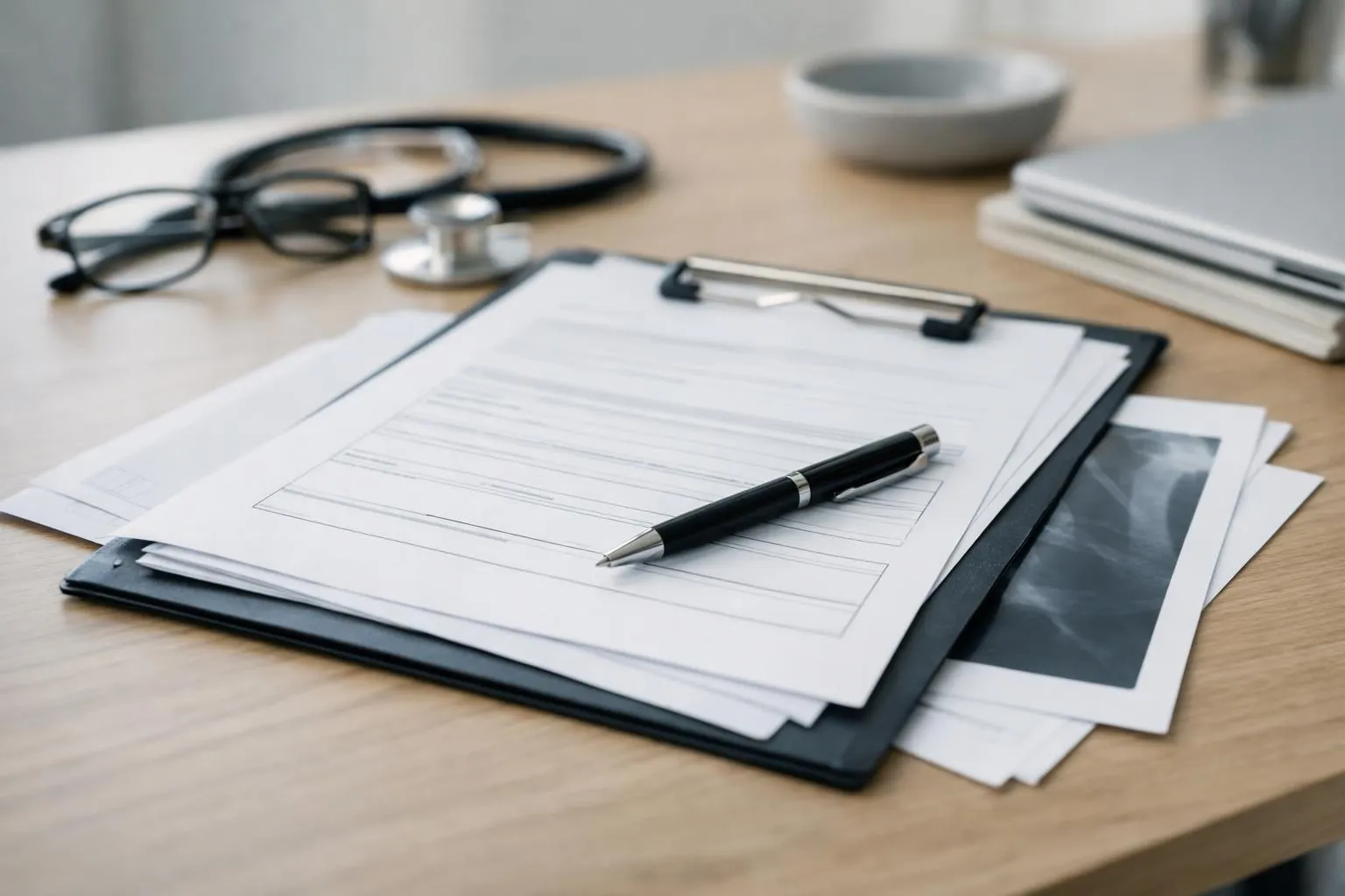 Bureau de travail avec documents, stylo et lunettes.