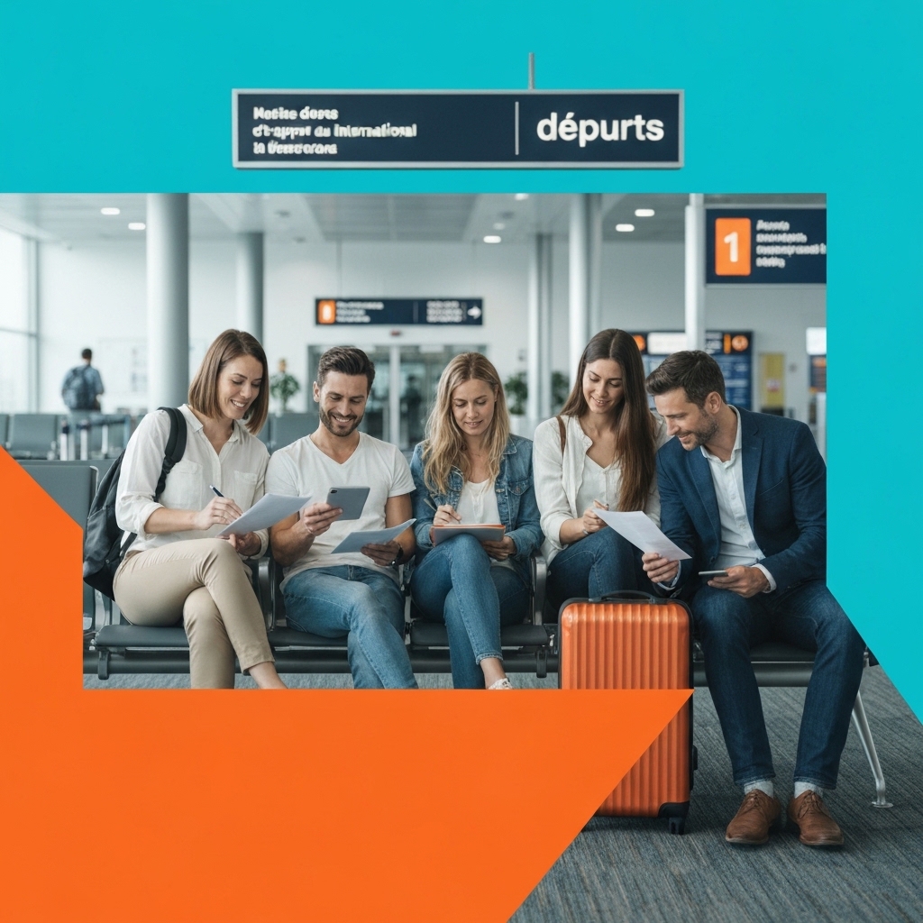 Family of four sitting in airport terminal looking concerned while checking documents and phones, modern international airport background with departure boards visible