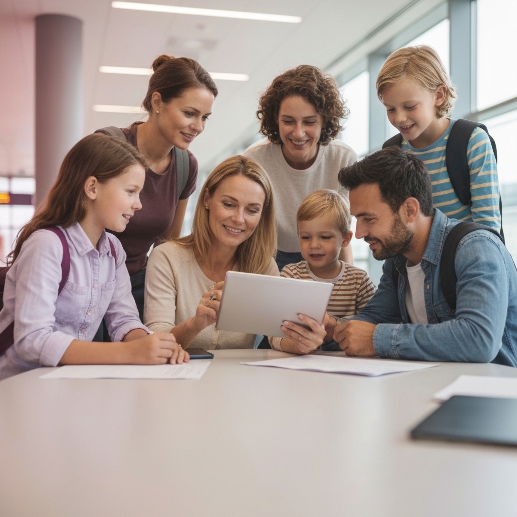 Family of four sitting together in an airport terminal, parents reviewing documents on a tablet while children play nearby, modern travel environment with natural lighting