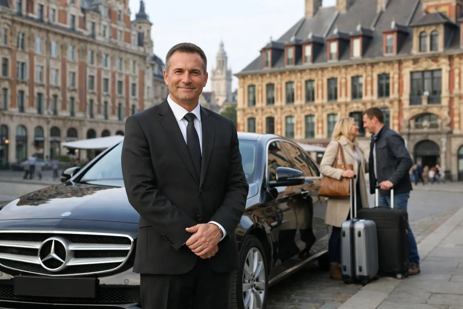 Homme d'affaires souriant devant une Mercedes dans une ville européenne.