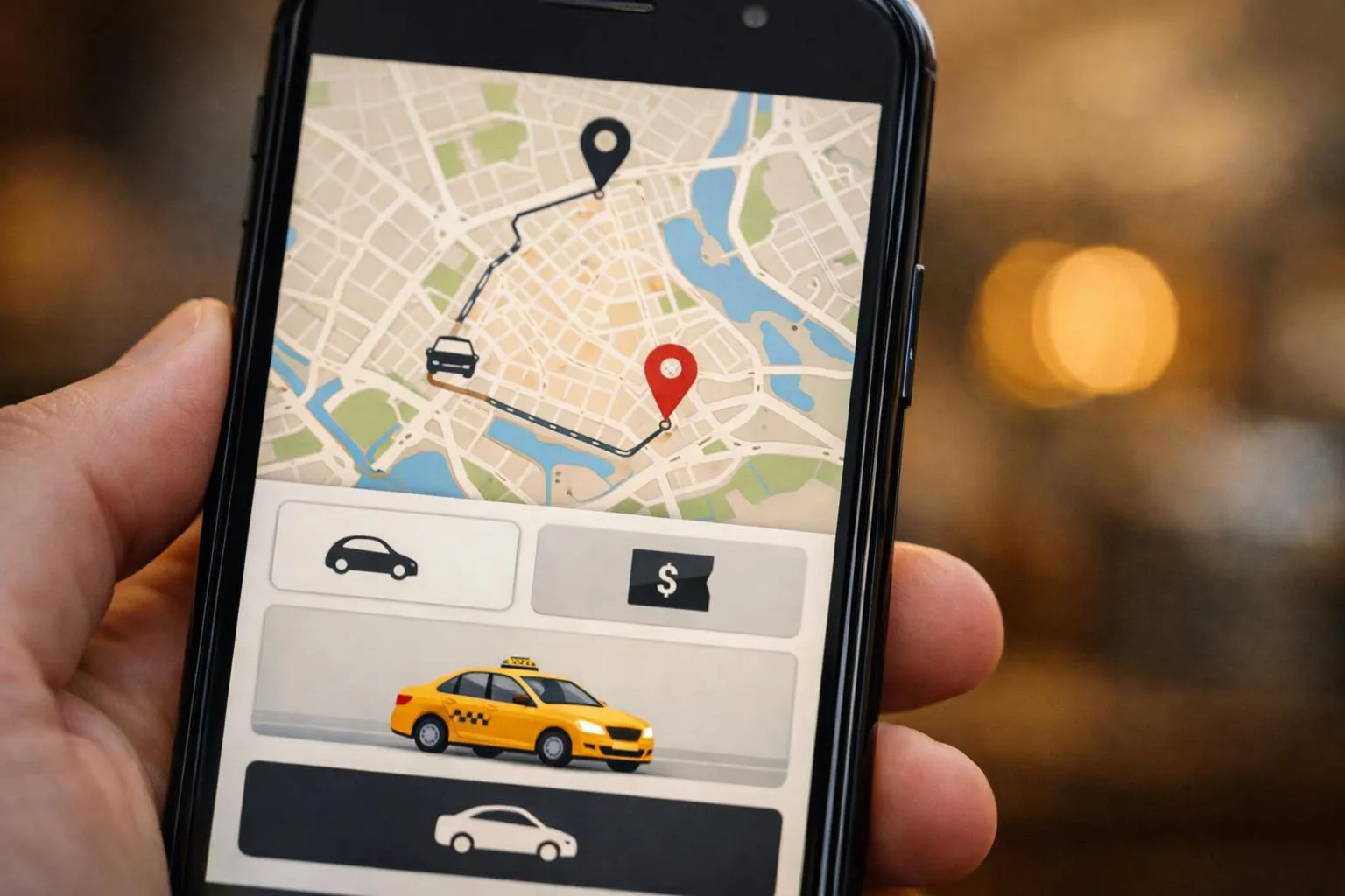 Carte de navigation avec icônes de voiture, tarif et localisation.