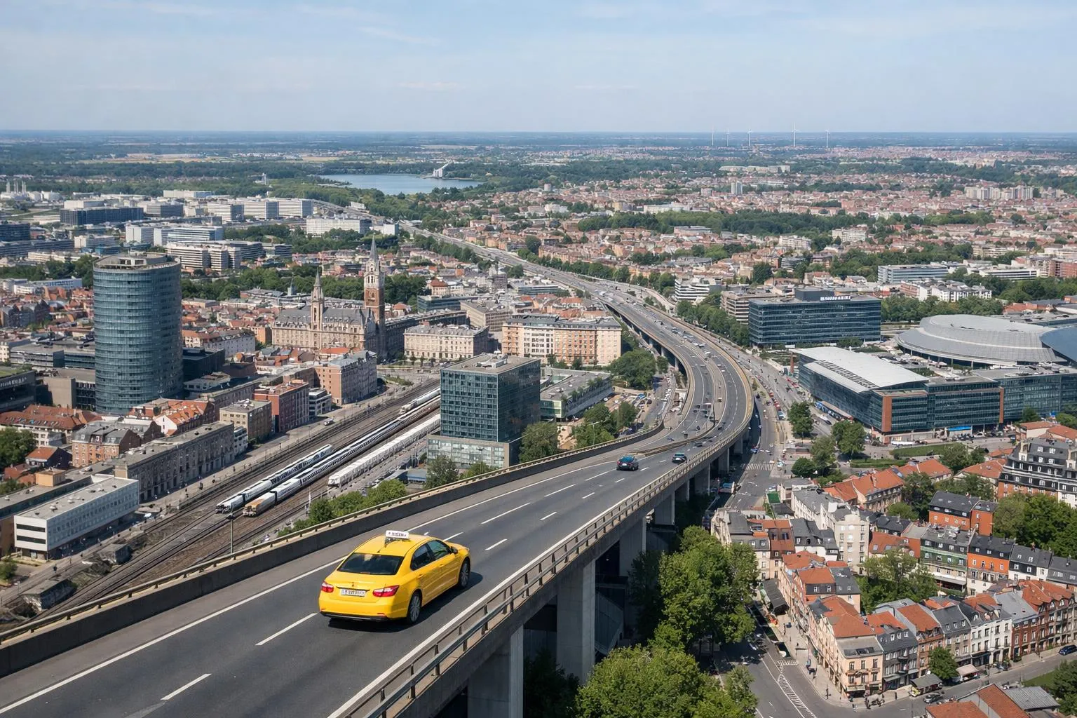 Vue aérienne d'une ville européenne avec gratte-ciel, autoroute et taxi jaune.